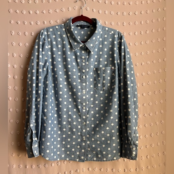 Tommy Hilfiger 100% Cotton Polka Dot Chambray Button Up Long Sleeve Sz L - Picture 1 of 7